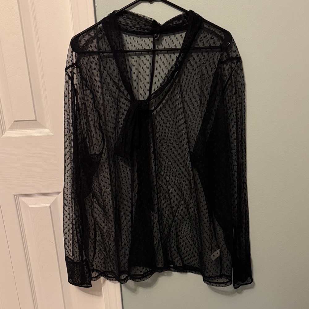 Lane Bryant Black Polka Dot Mesh Top with front tie 26/28